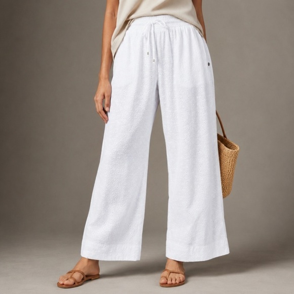 Roxy Eyelet wide leg Beachy Boho sz XL X Large By The Ocean White Cropped Pants